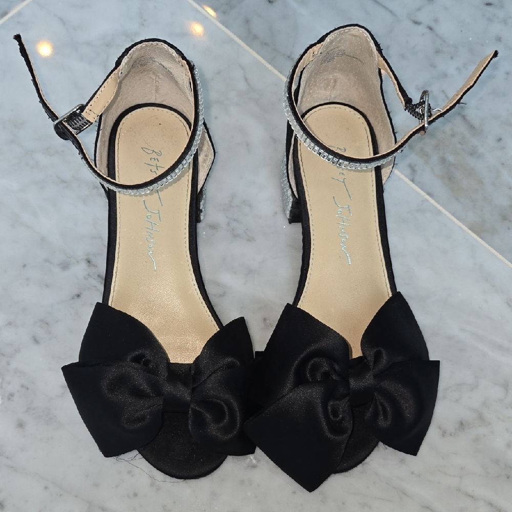 Girls Betsey Johnson Black Satin Bow Ankle-Strap Dress Sandals